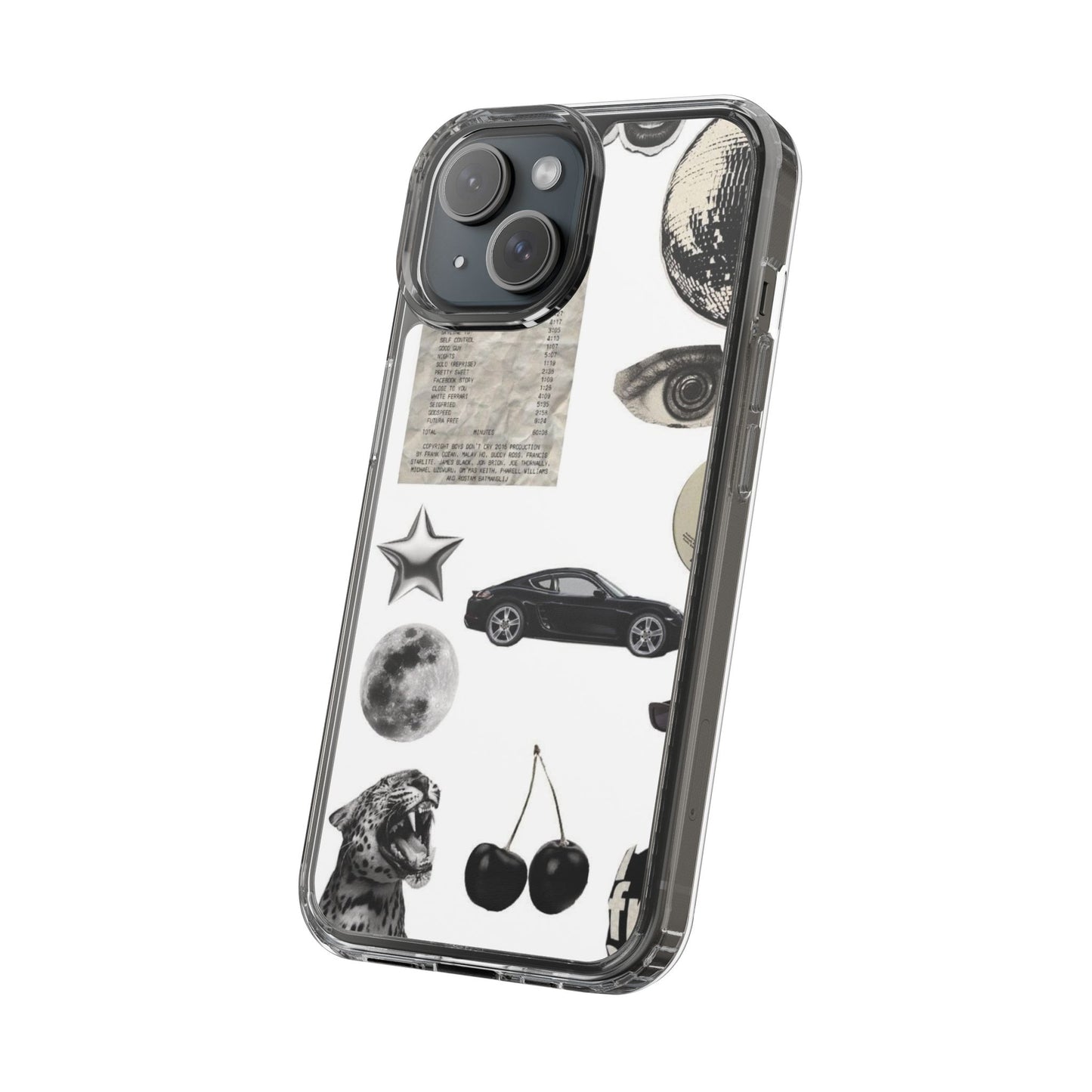 Clear Phone Case — Vintage Collage Stickers (Moon, Eye, Car, Cherries)