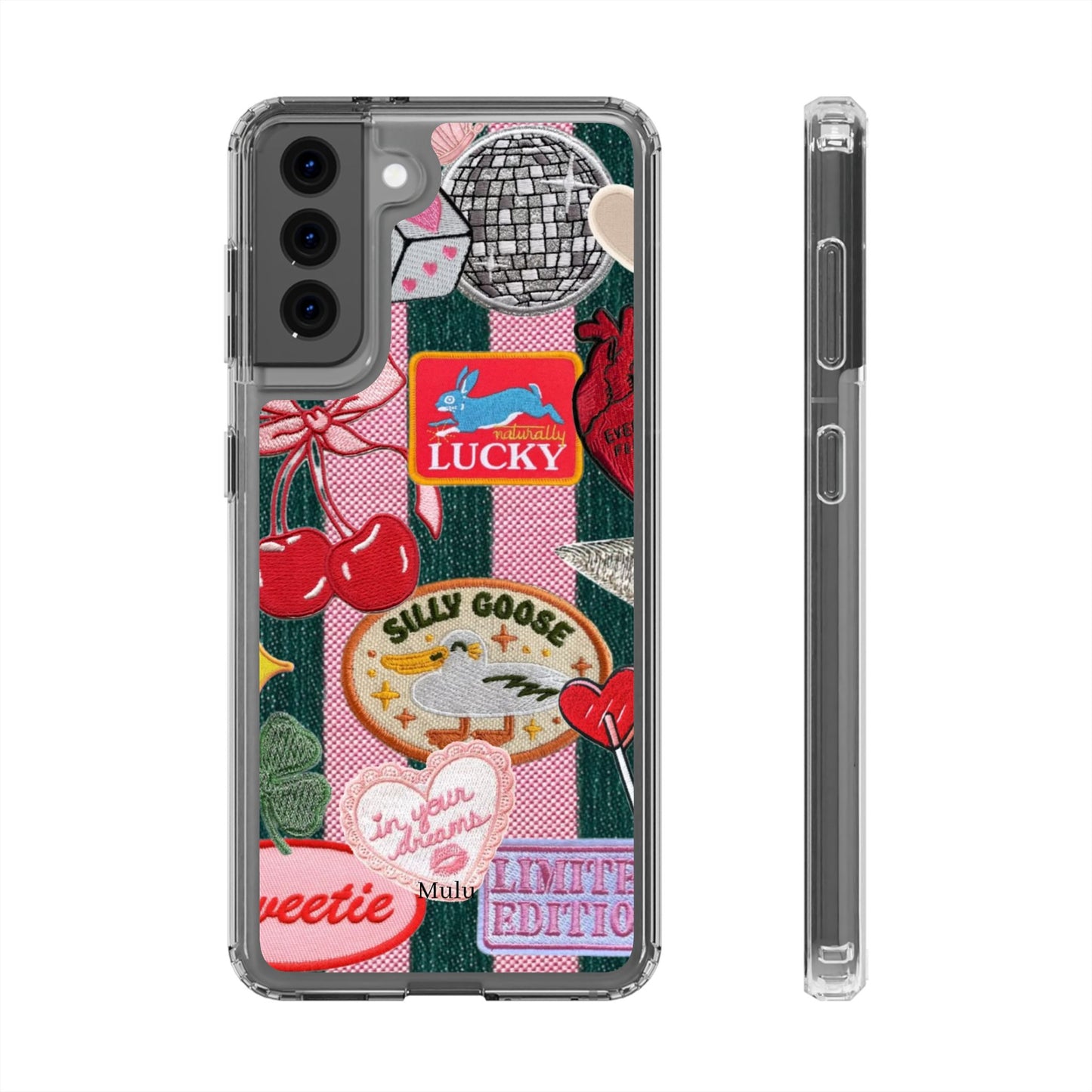Clear Impact-Resistant Phone Case — Retro Patchwork Stickers (Lucky, Cherries, Silly Goose)