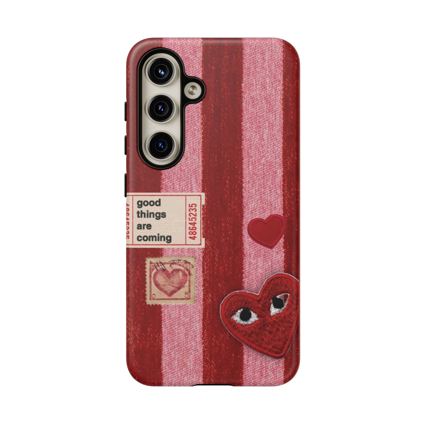 Phone Case — Red Striped Heart Design with “Good Things Are Coming”