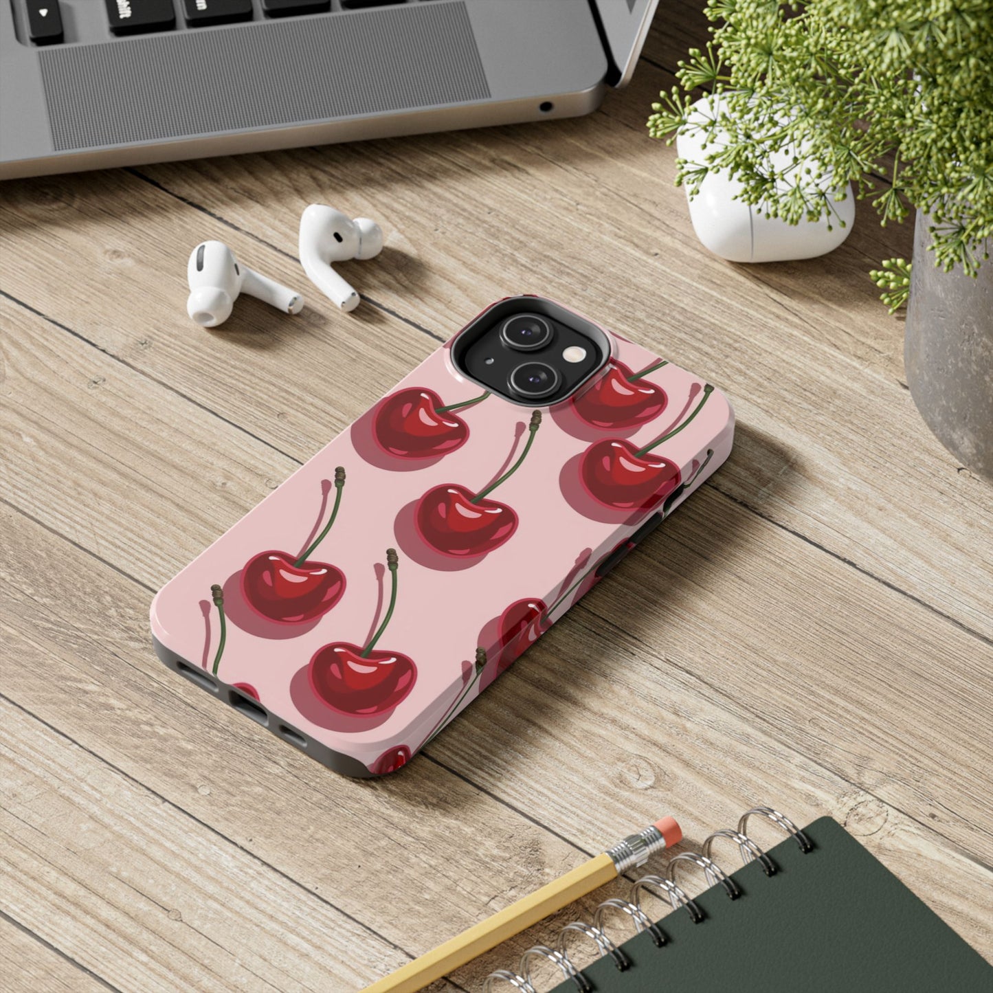 Cherry Pattern Tough Phone Case — Retro Pink Cherry Print Protective Phone Case