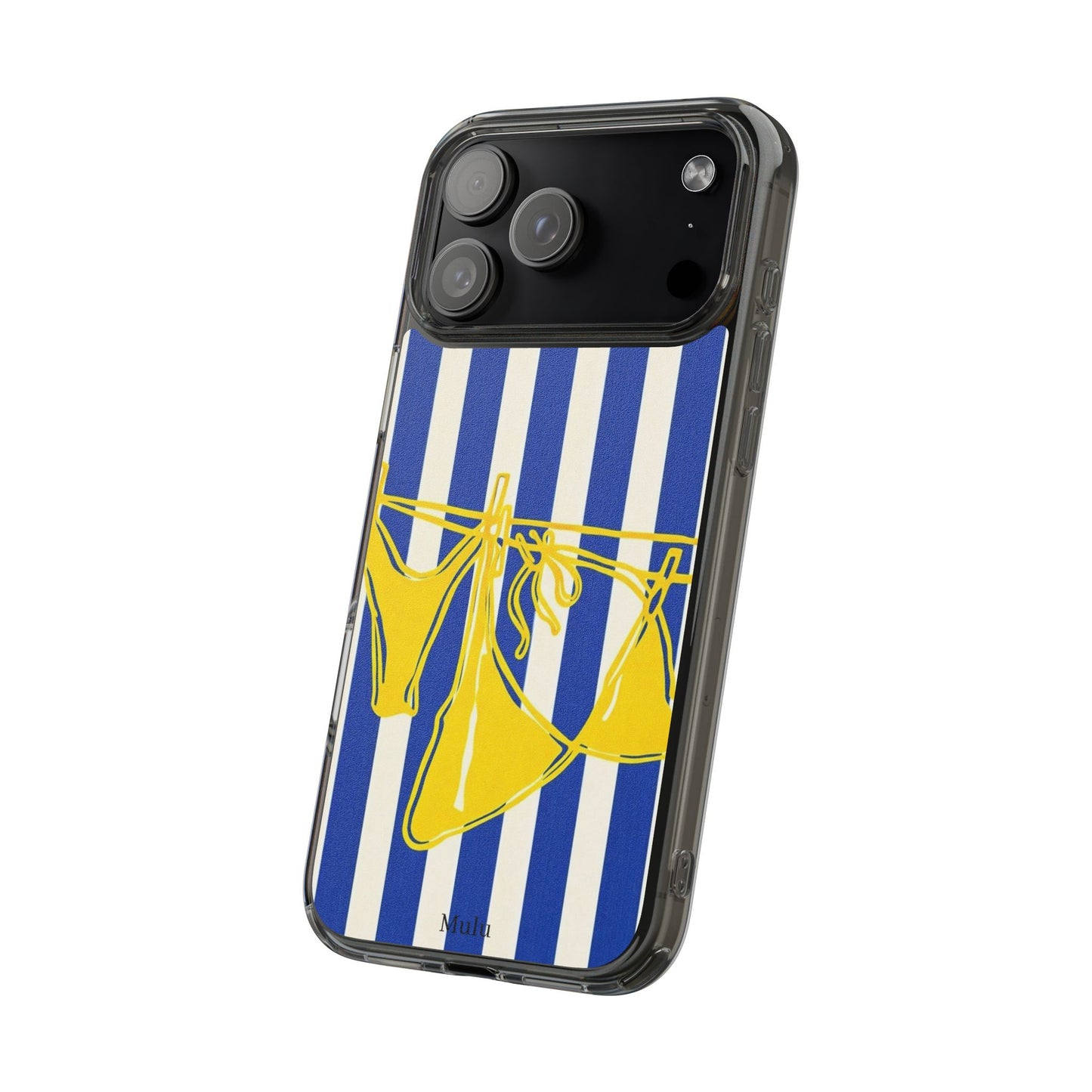 Striped Beach Bikini Phone Case — Yellow Swimwear on Blue & White Stripes, Clear Impact-Resistant