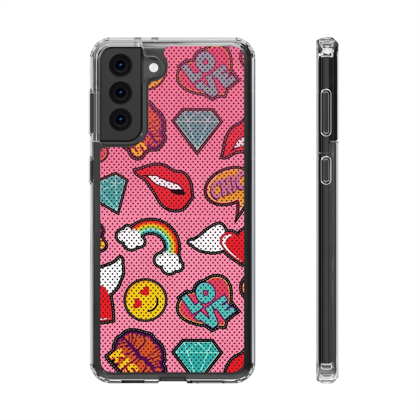 Clear Impact-Resistant Phone Case — Pink Pop Sticker Pattern (Hearts, Rainbows, Smileys)