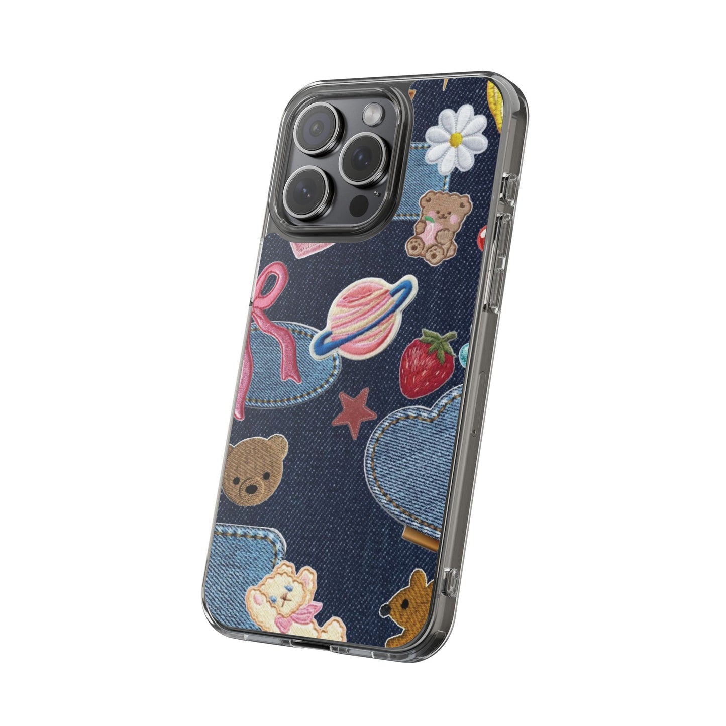 Clear Impact-Resistant Phone Case — Cute Denim Patch Collage (Teddy, Strawberry, Planet)