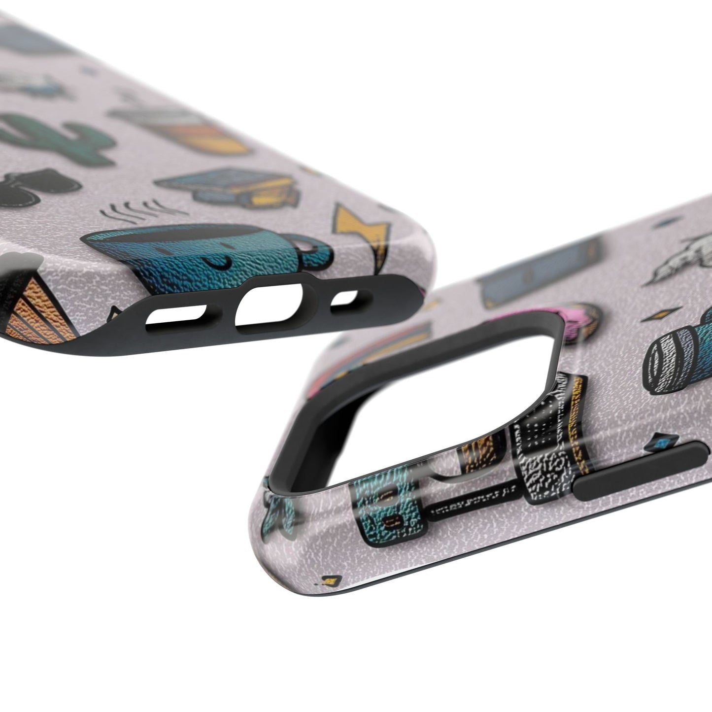 Cute Doodle Phone Case — Magnetic Impact-Resistant Design (coffee, rainbow, cactus)