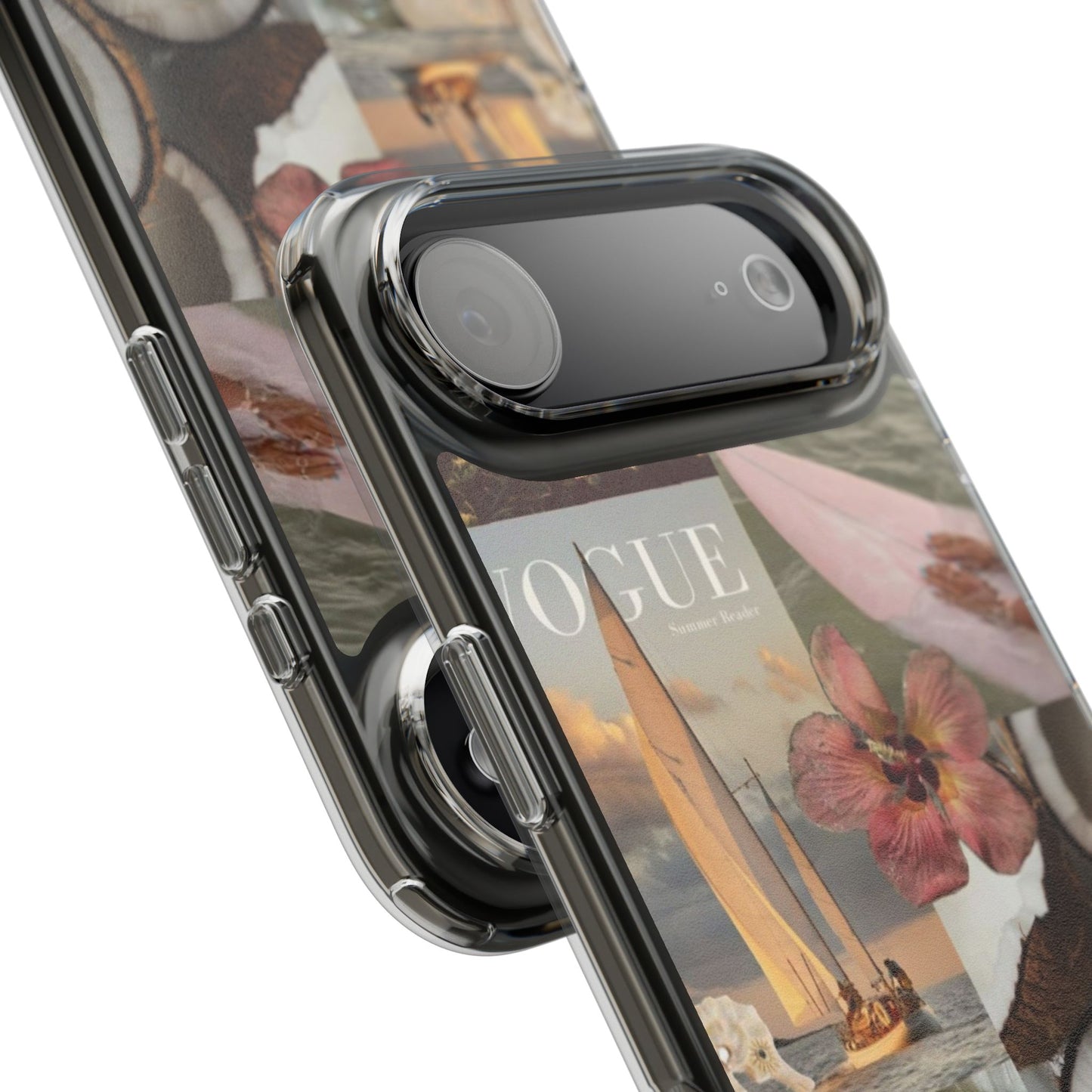 Clear Phone Case — Coastal Collage Shells & Surf Design