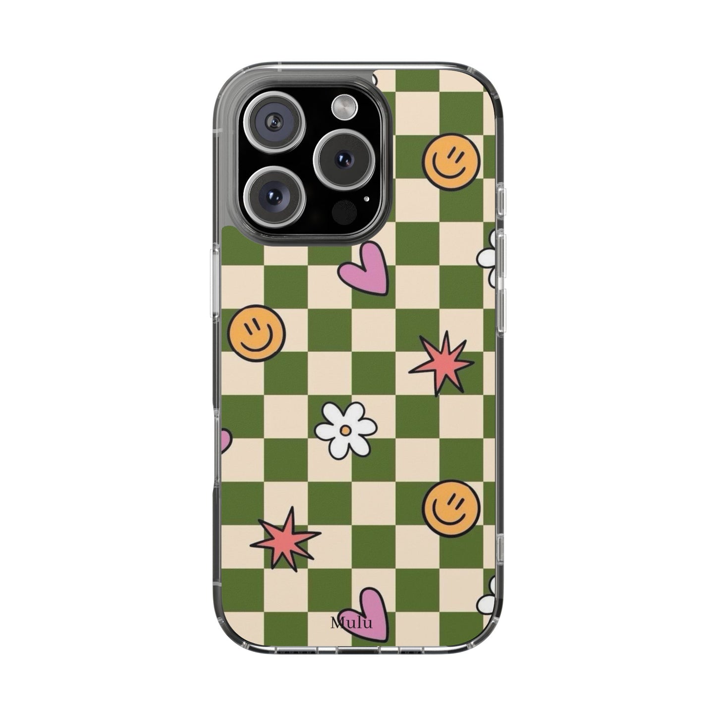 Clear Impact-Resistant Case — Retro Green Checkerboard with Smiley, Hearts & Flowers
