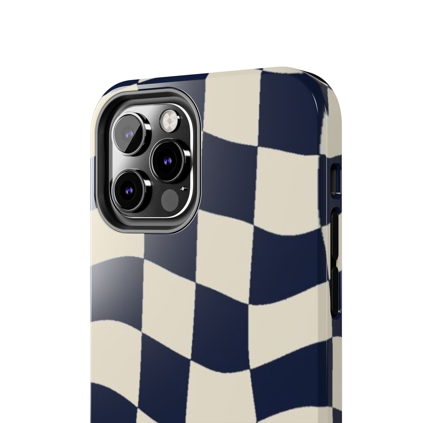Wavy Checkerboard Tough Phone Case — Navy & Cream Protective Cover