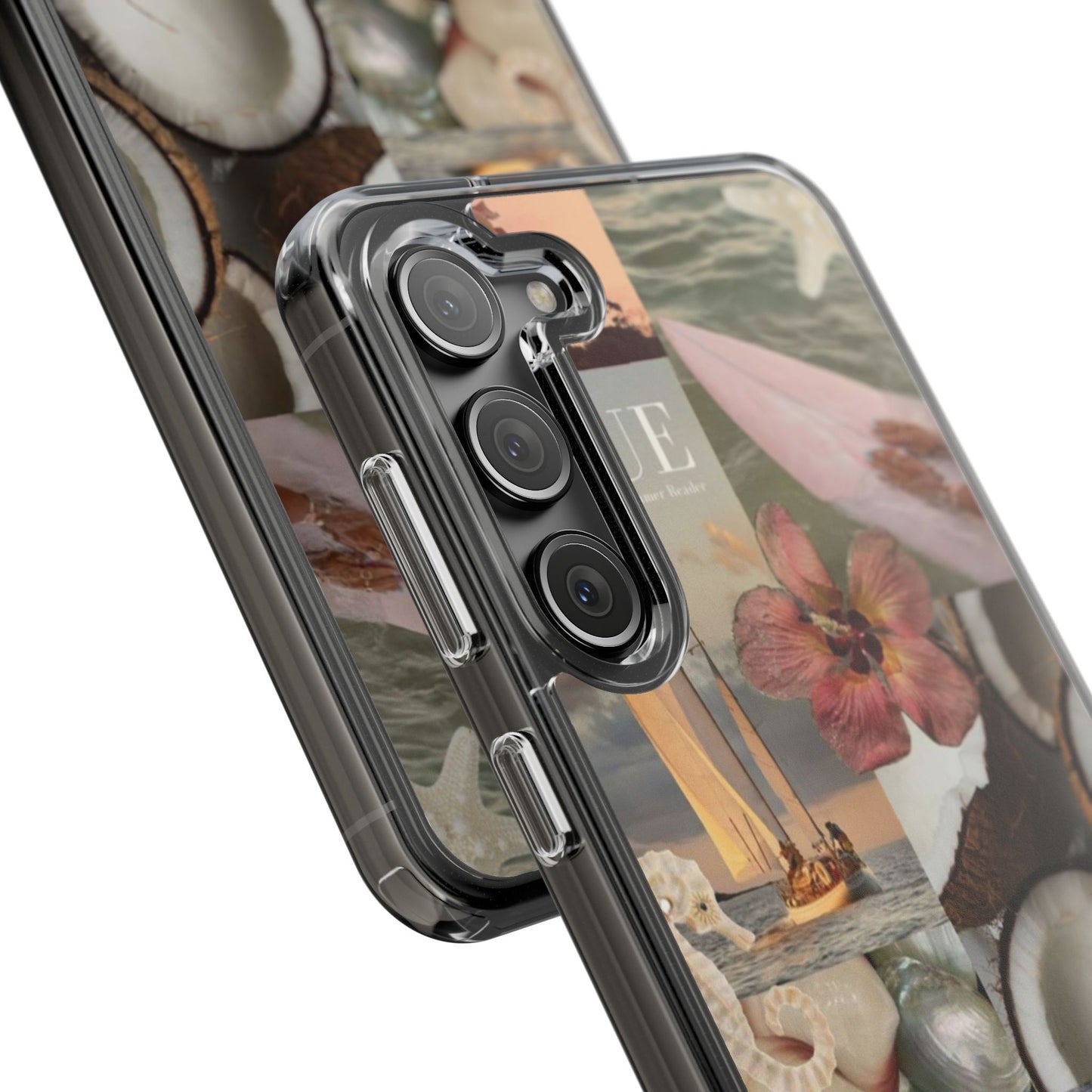 Clear Phone Case — Coastal Collage Shells & Surf Design