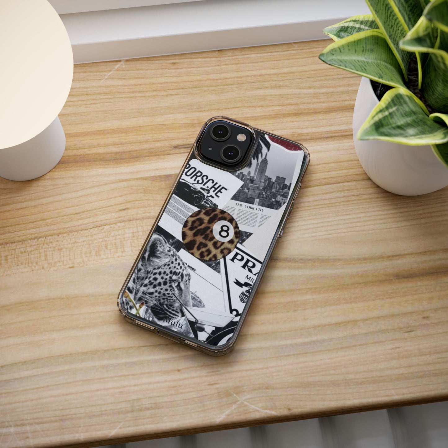 Clear Impact-Resistant Phone Case — Collage Luxury Leopard & Vintage Car Design