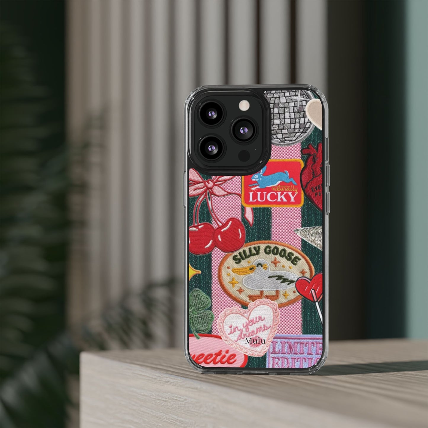 Clear Impact-Resistant Phone Case — Retro Patchwork Stickers (Lucky, Cherries, Silly Goose)
