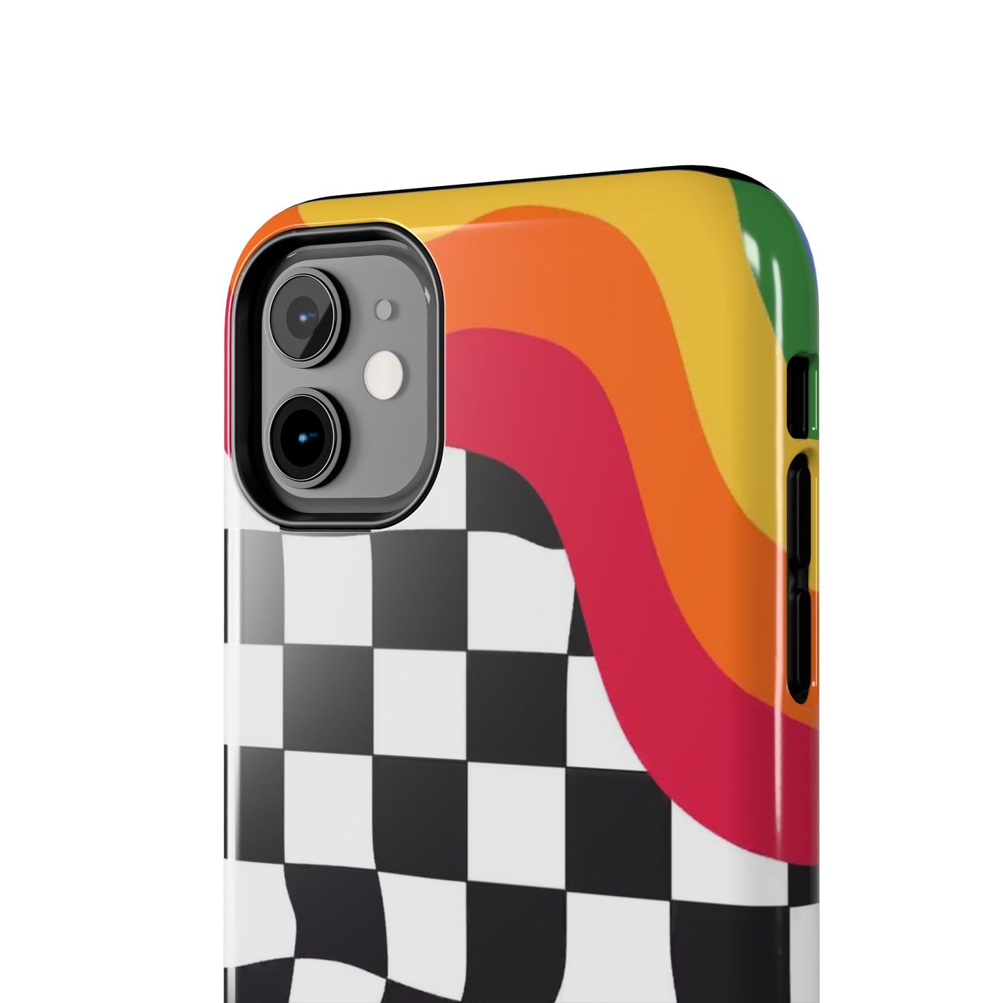 Retro Wavy Checkerboard Tough Phone Case — Rainbow Surf Skate Design