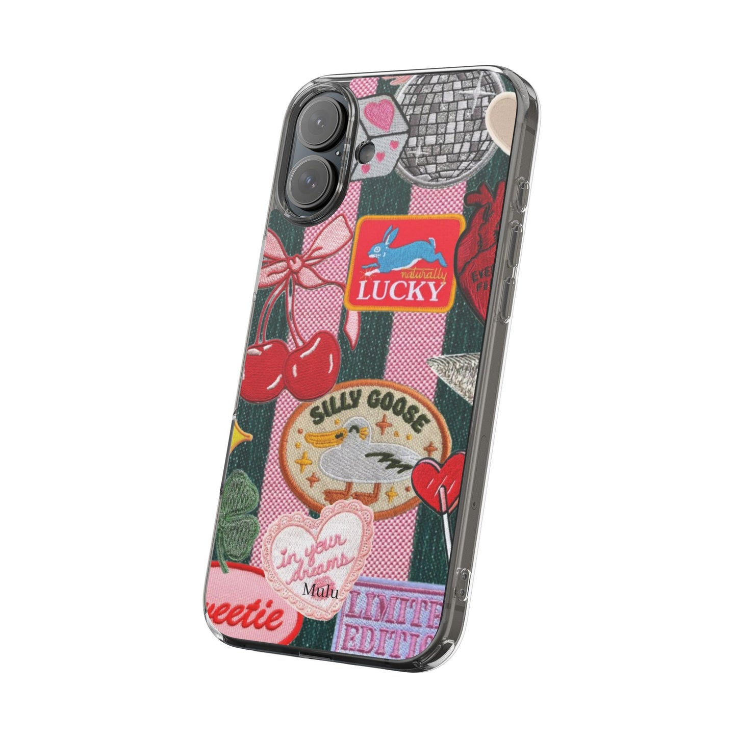 Clear Impact-Resistant Phone Case — Retro Patchwork Stickers (Lucky, Cherries, Silly Goose)