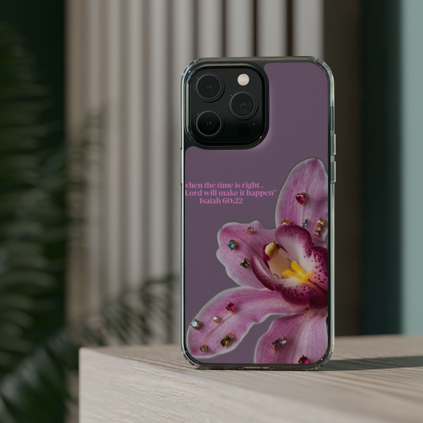 Clear Floral Impact-Resistant Phone Case — "When the time is right" Rose Orchid Design