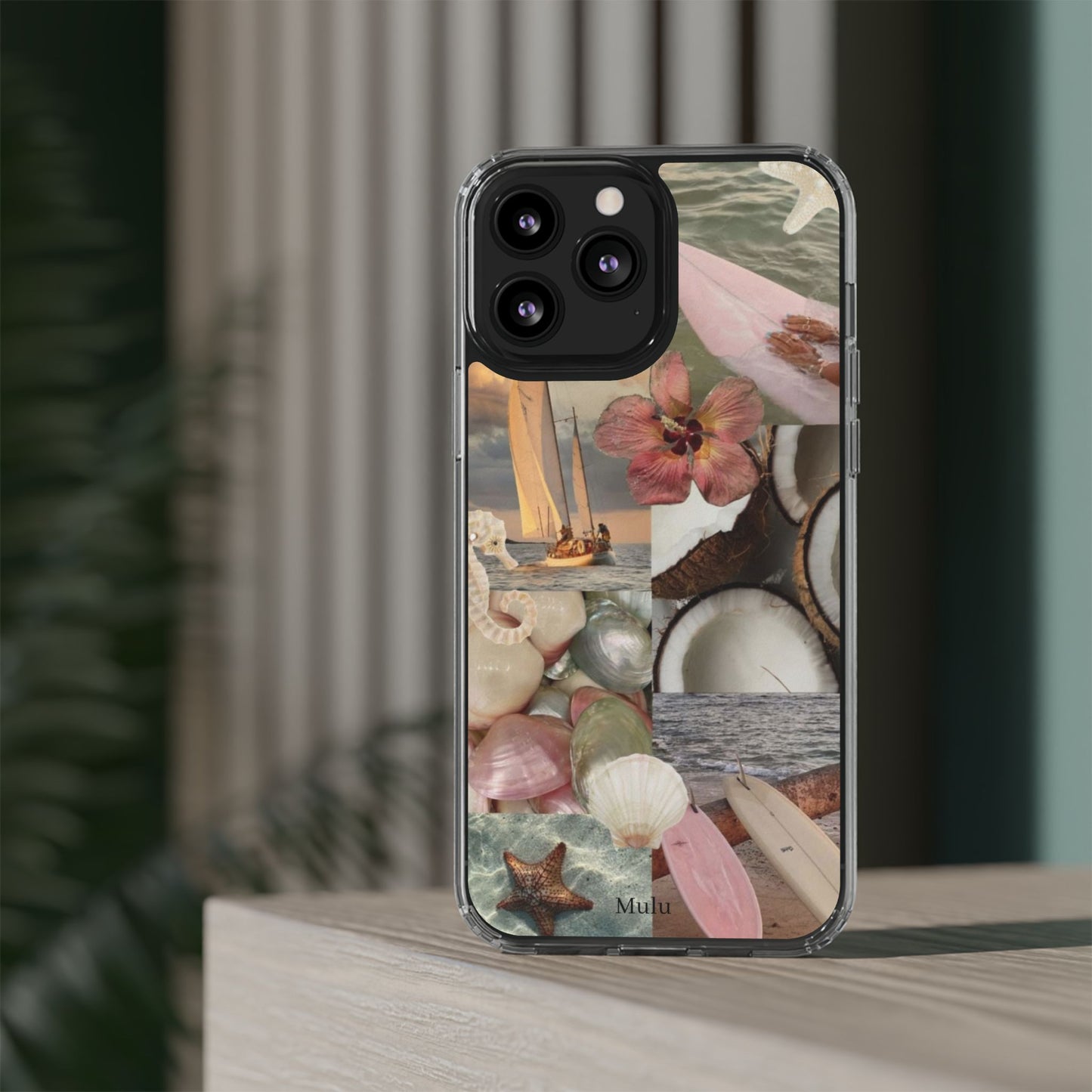 Clear Phone Case — Coastal Collage Shells & Surf Design