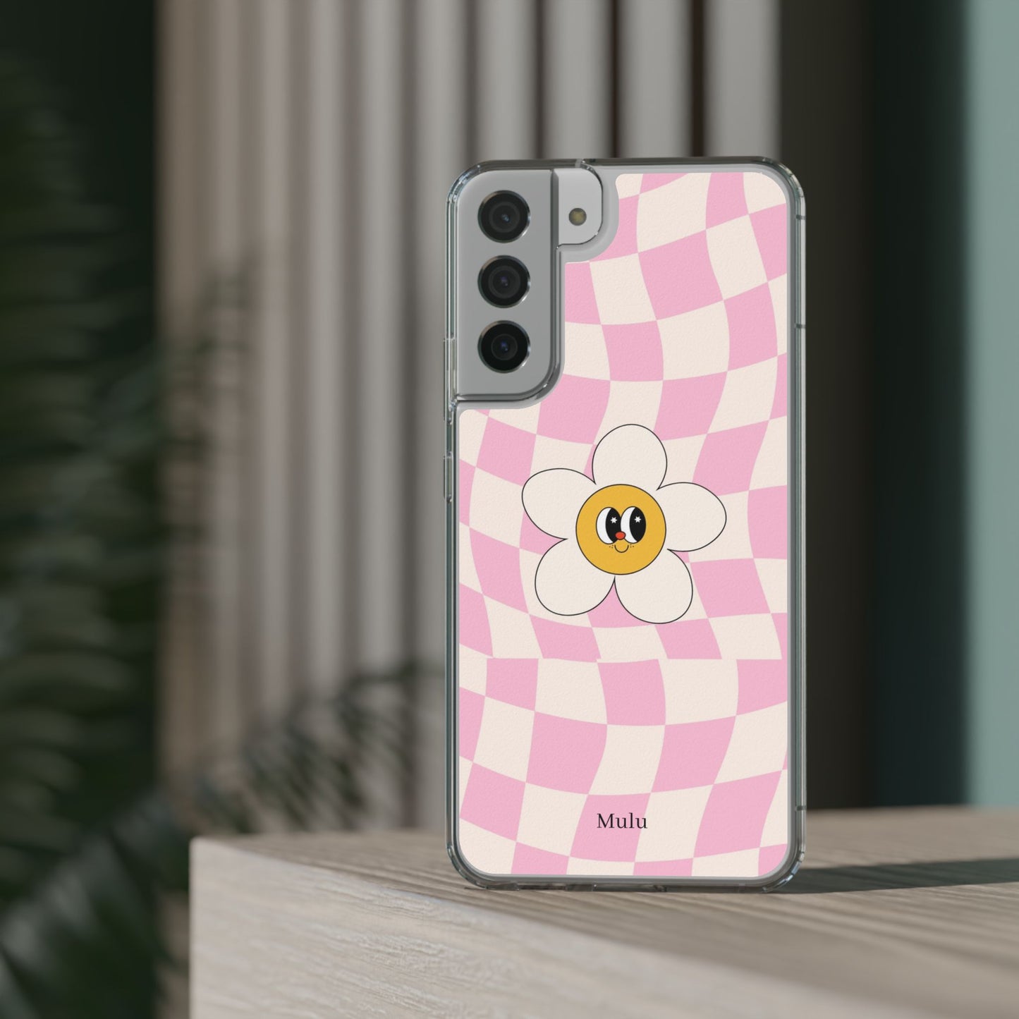 Clear Impact-Resistant Phone Case — Pink Checkerboard Daisy Design