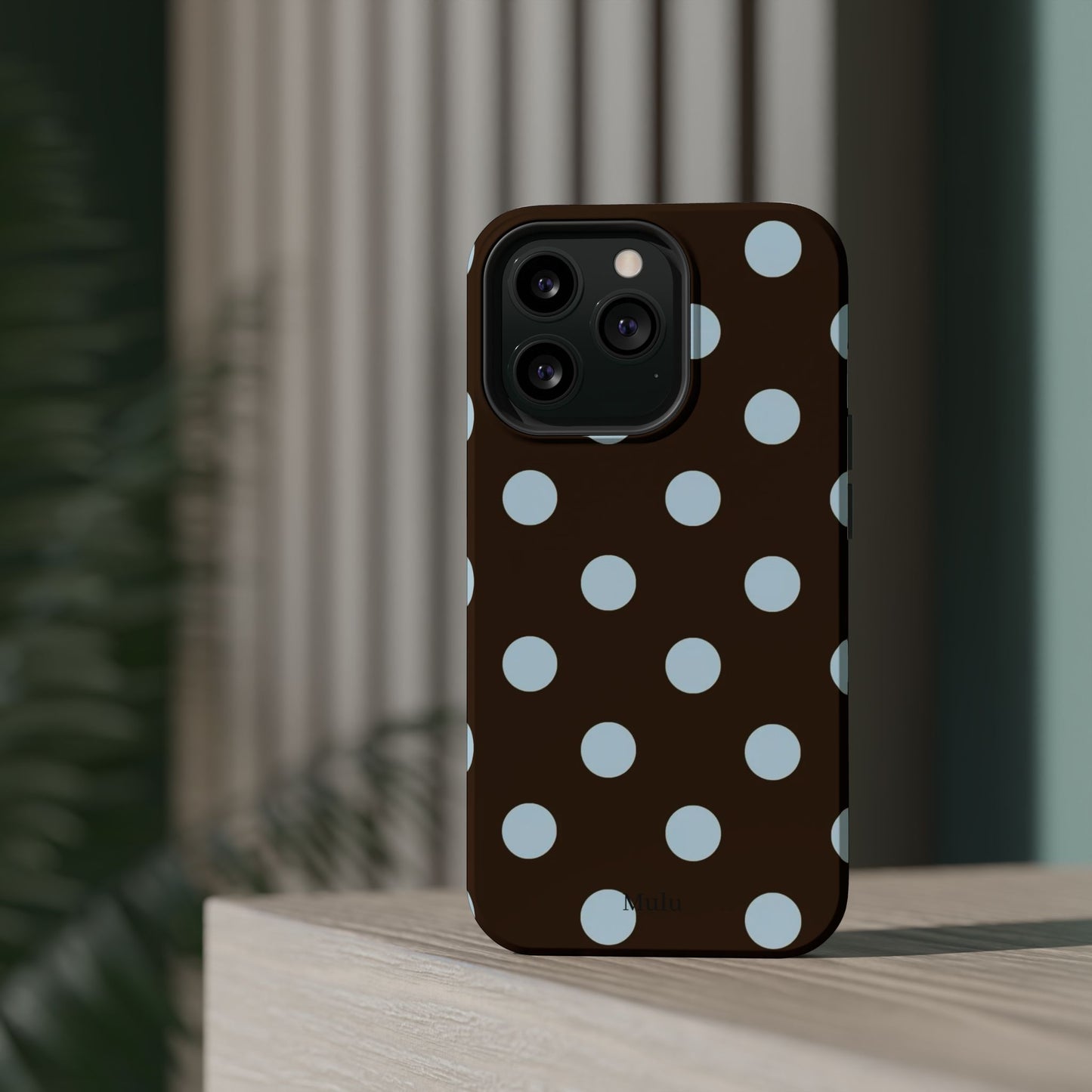 Polka Dot Magnetic Phone Case — Brown with Light Blue Dots, Impact-Resistant