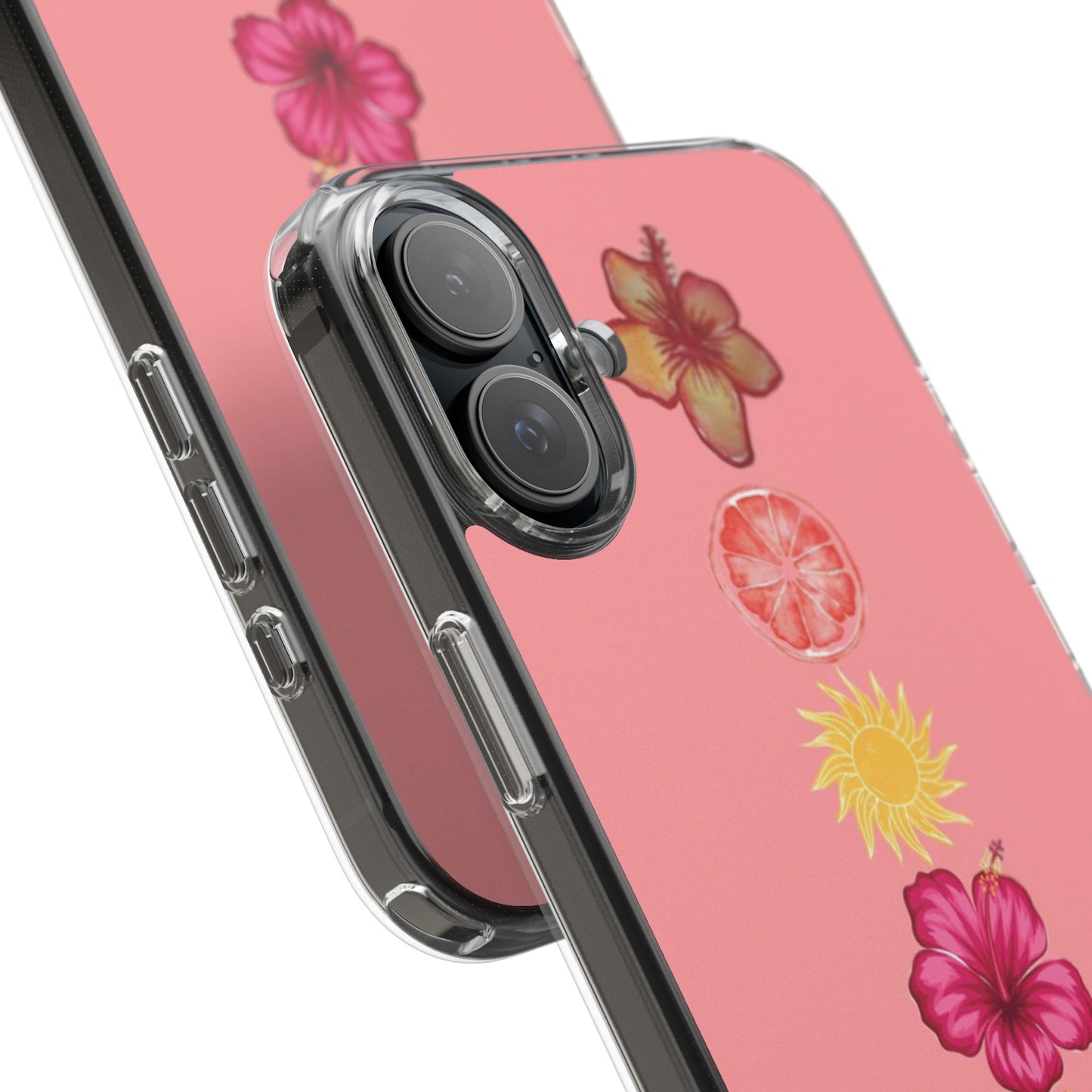 Clear Impact-Resistant Phone Case — Tropical Sun & Hibiscus Floral Design