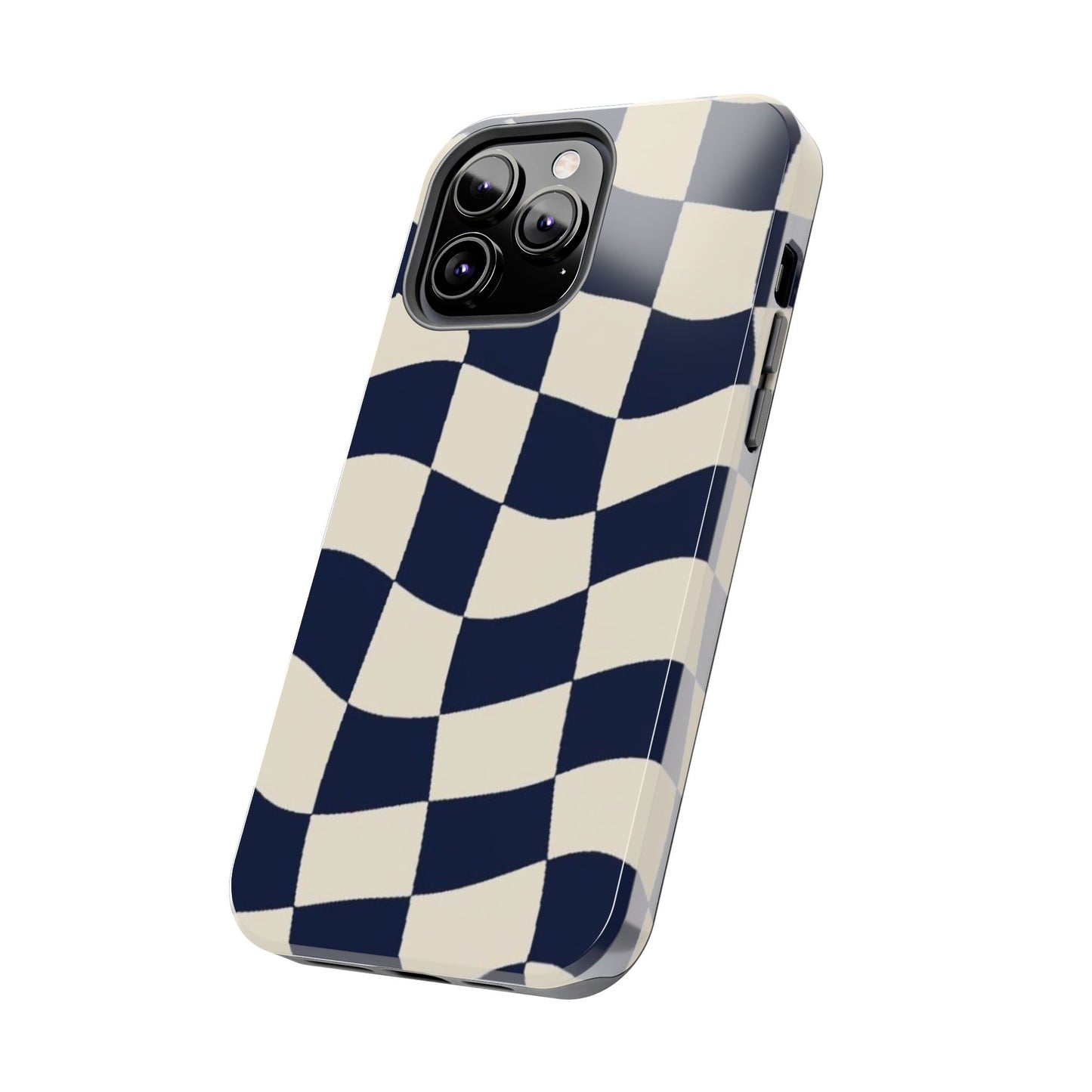 Wavy Checkerboard Tough Phone Case — Navy & Cream Protective Cover