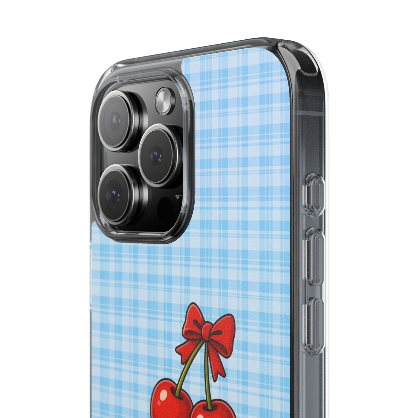 Clear Cherry Gingham Phone Case — Impact-Resistant Clear Case with Red Cherry Design