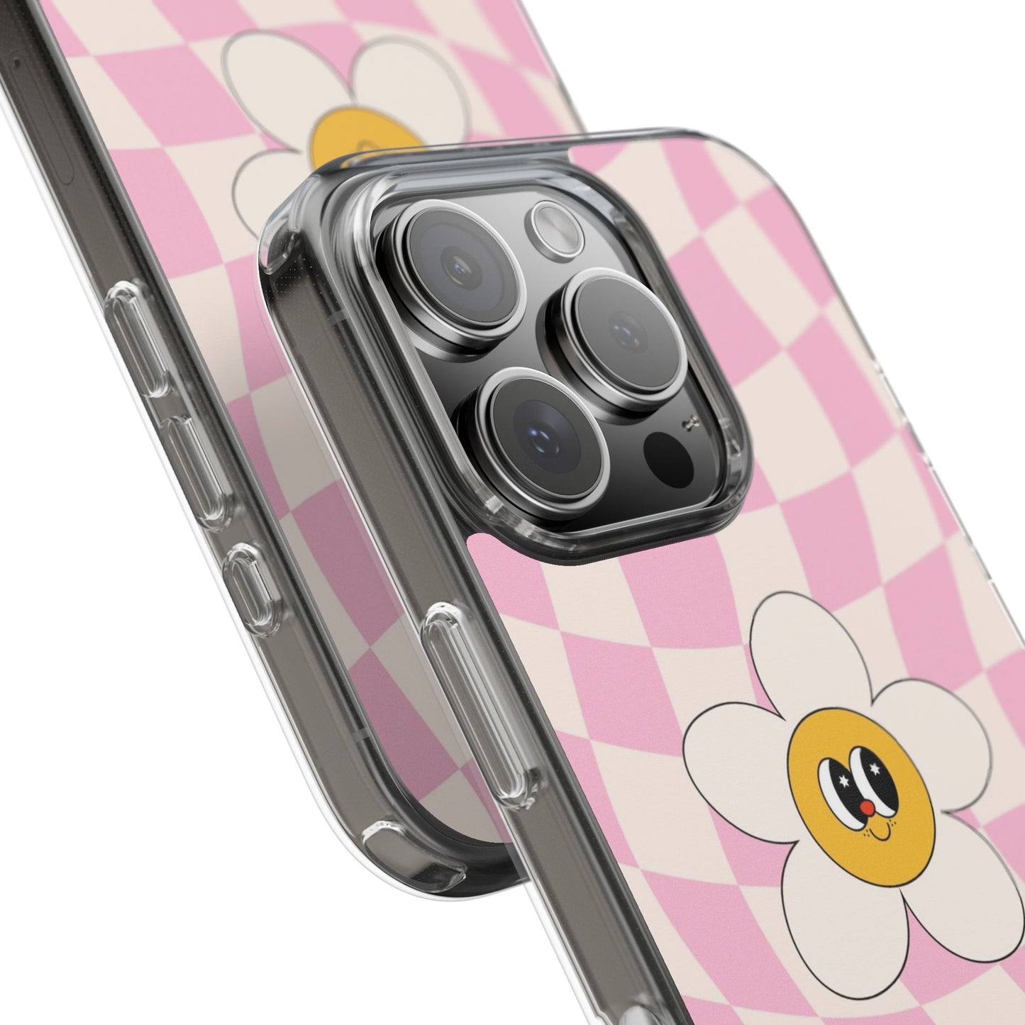 Clear Impact-Resistant Phone Case — Pink Checkerboard Daisy Design