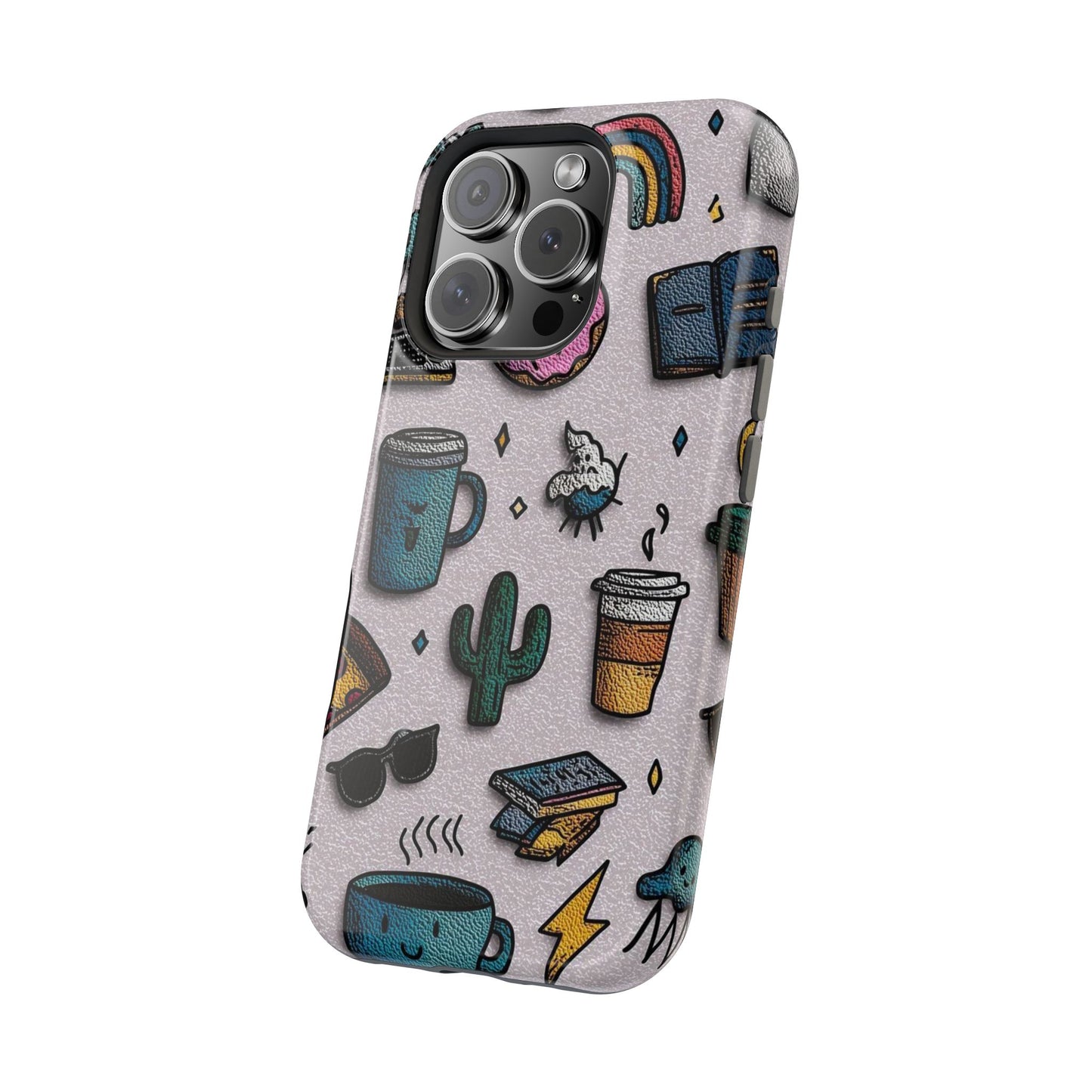 Cute Doodle Phone Case — Magnetic Impact-Resistant Design (coffee, rainbow, cactus)