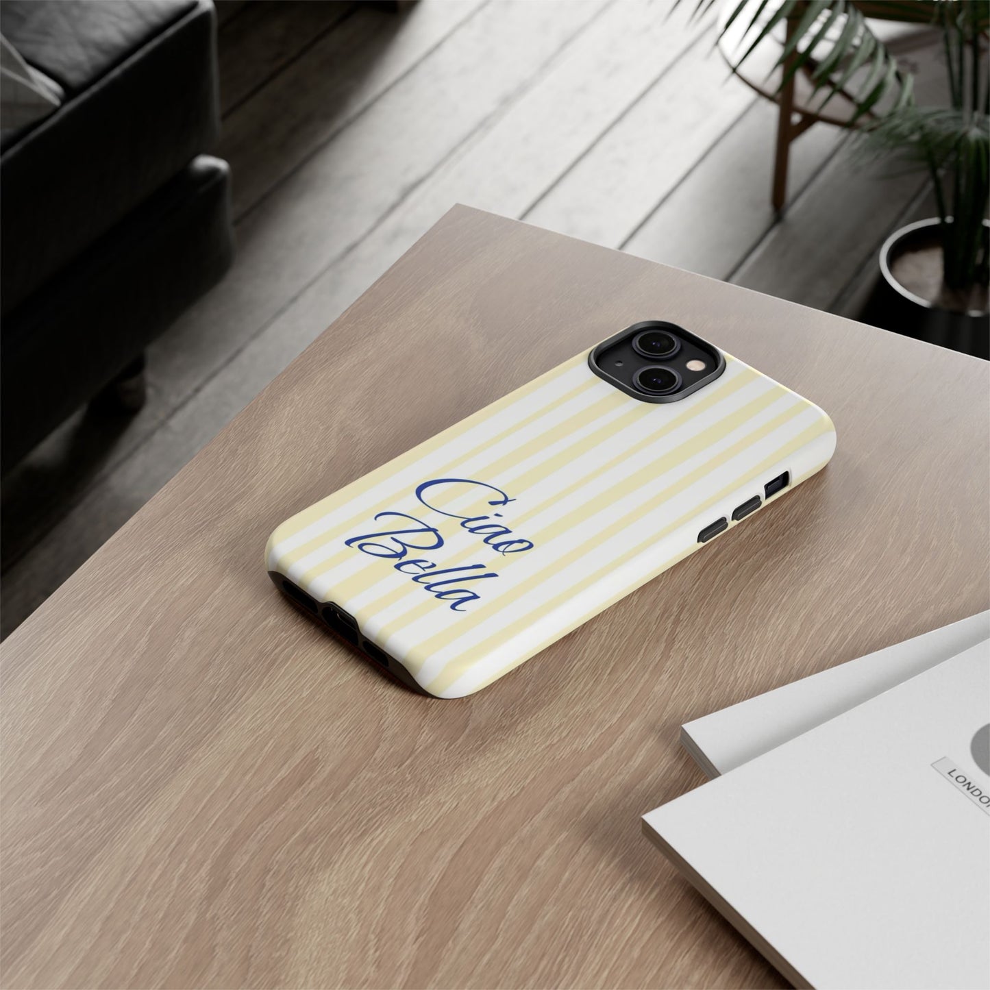 Ciao Bella Phone Case – Striped Elegant Italian Script Protective Cover