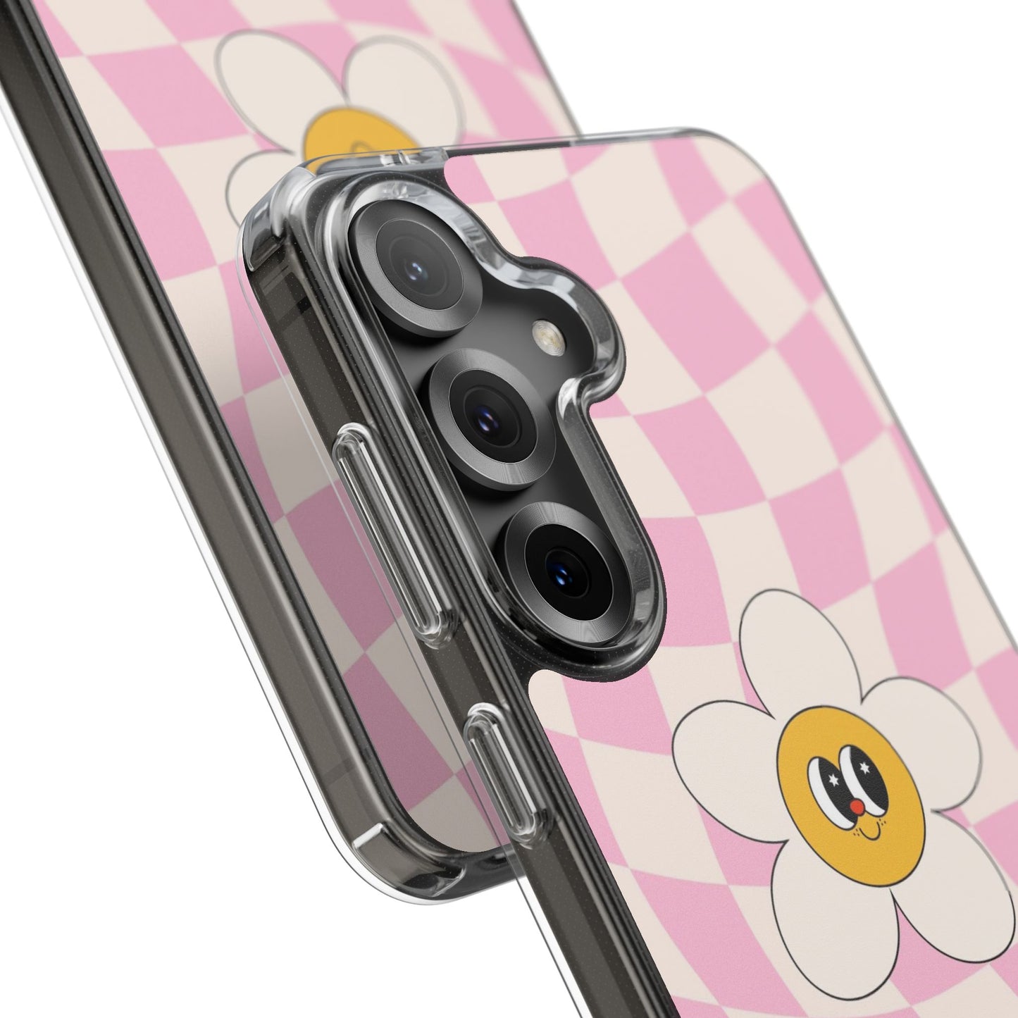 Clear Impact-Resistant Phone Case — Pink Checkerboard Daisy Design