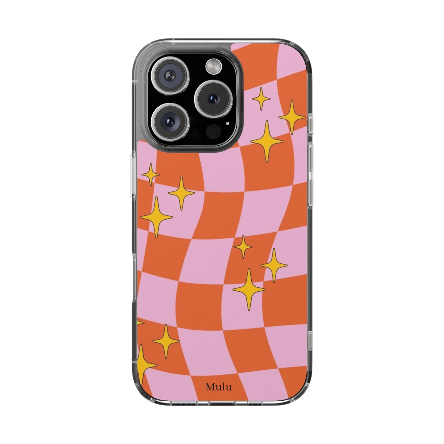 Clear Impact-Resistant Case — Retro Pink & Orange Checker with Sparkle Stars