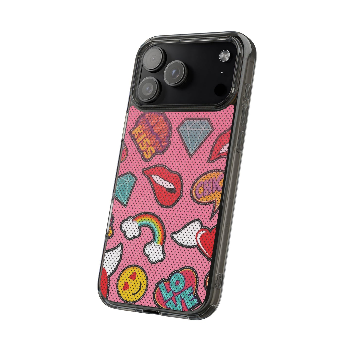 Clear Impact-Resistant Phone Case — Pink Pop Sticker Pattern (Hearts, Rainbows, Smileys)