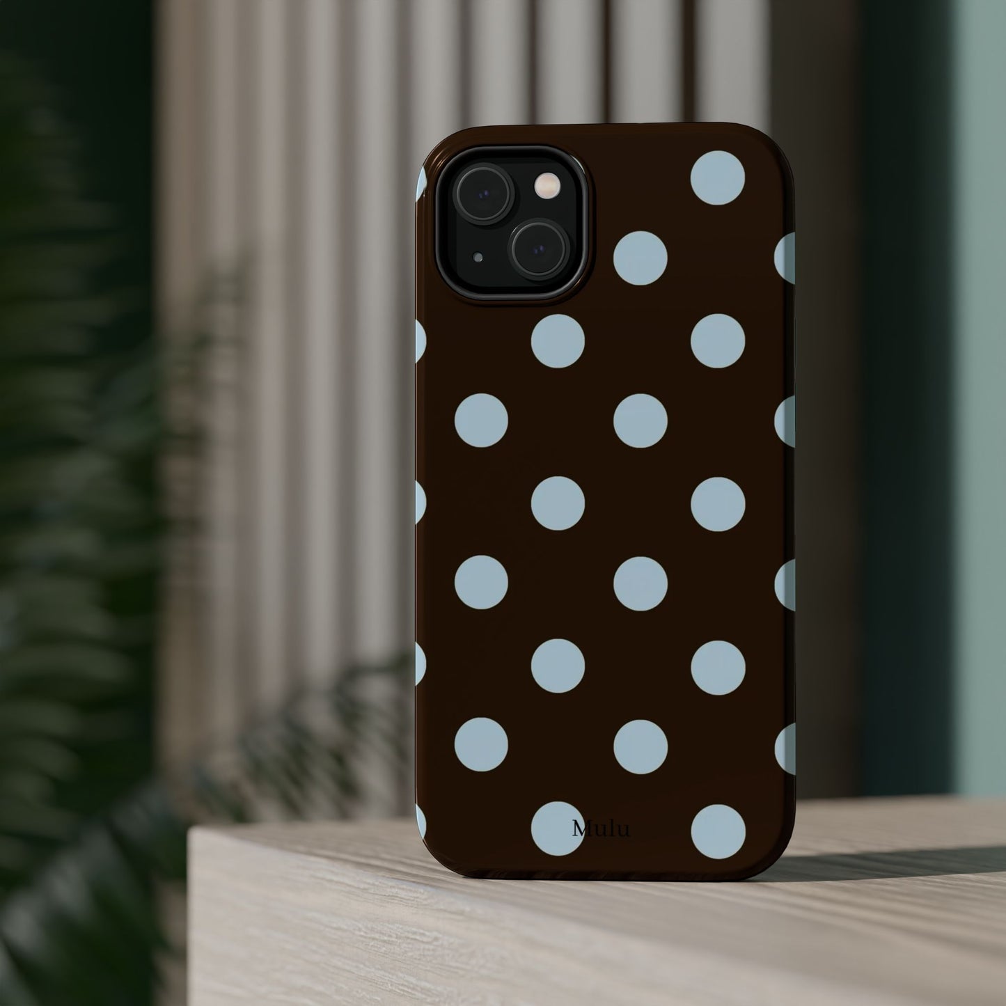 Polka Dot Magnetic Phone Case — Brown with Light Blue Dots, Impact-Resistant