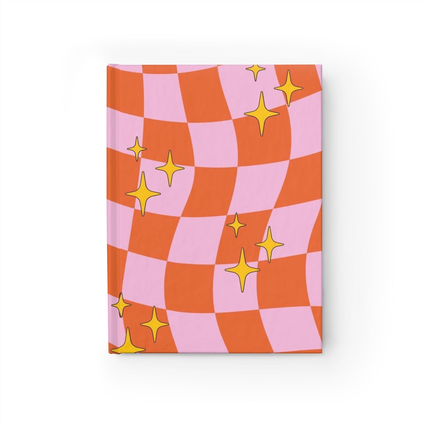 Retro Checkerboard Journal — Pink & Orange Wavy Pattern with Sparkle Stars (Ruled)