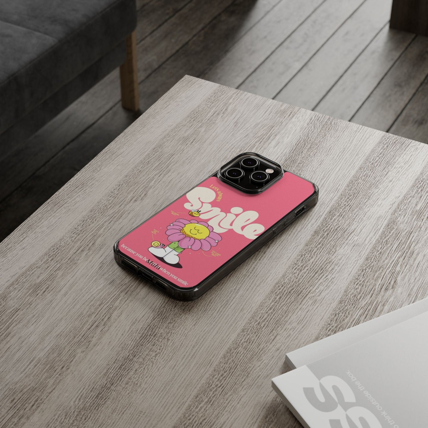 Clear Impact-Resistant Phone Case — Pink 'Smile' Flower Design