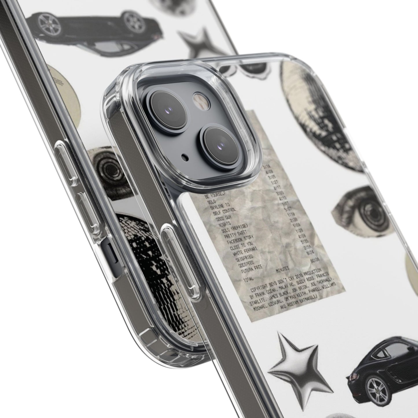 Clear Phone Case — Vintage Collage Stickers (Moon, Eye, Car, Cherries)