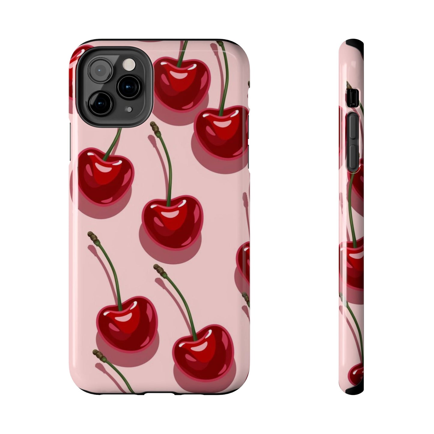 Cherry Pattern Tough Phone Case — Retro Pink Cherry Print Protective Phone Case
