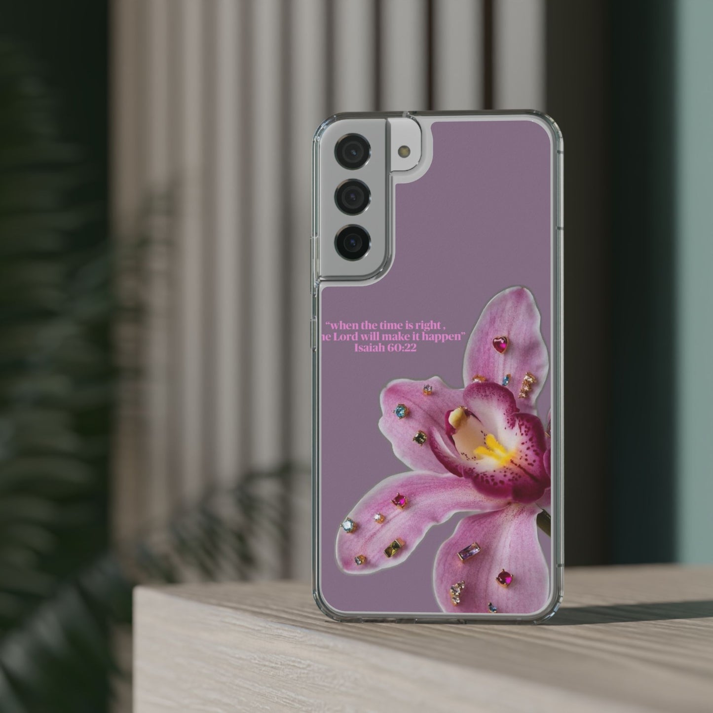 Clear Floral Impact-Resistant Phone Case — "When the time is right" Rose Orchid Design