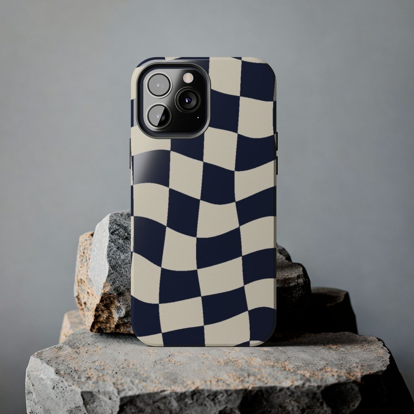 Wavy Checkerboard Tough Phone Case — Navy & Cream Protective Cover