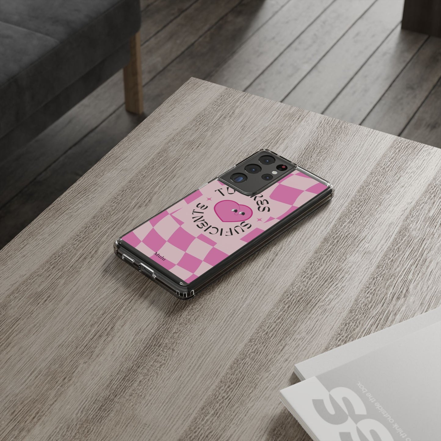 Clear Impact-Resistant Phone Case — Pink Checkerheart “Tu Eres Suficiente” Design