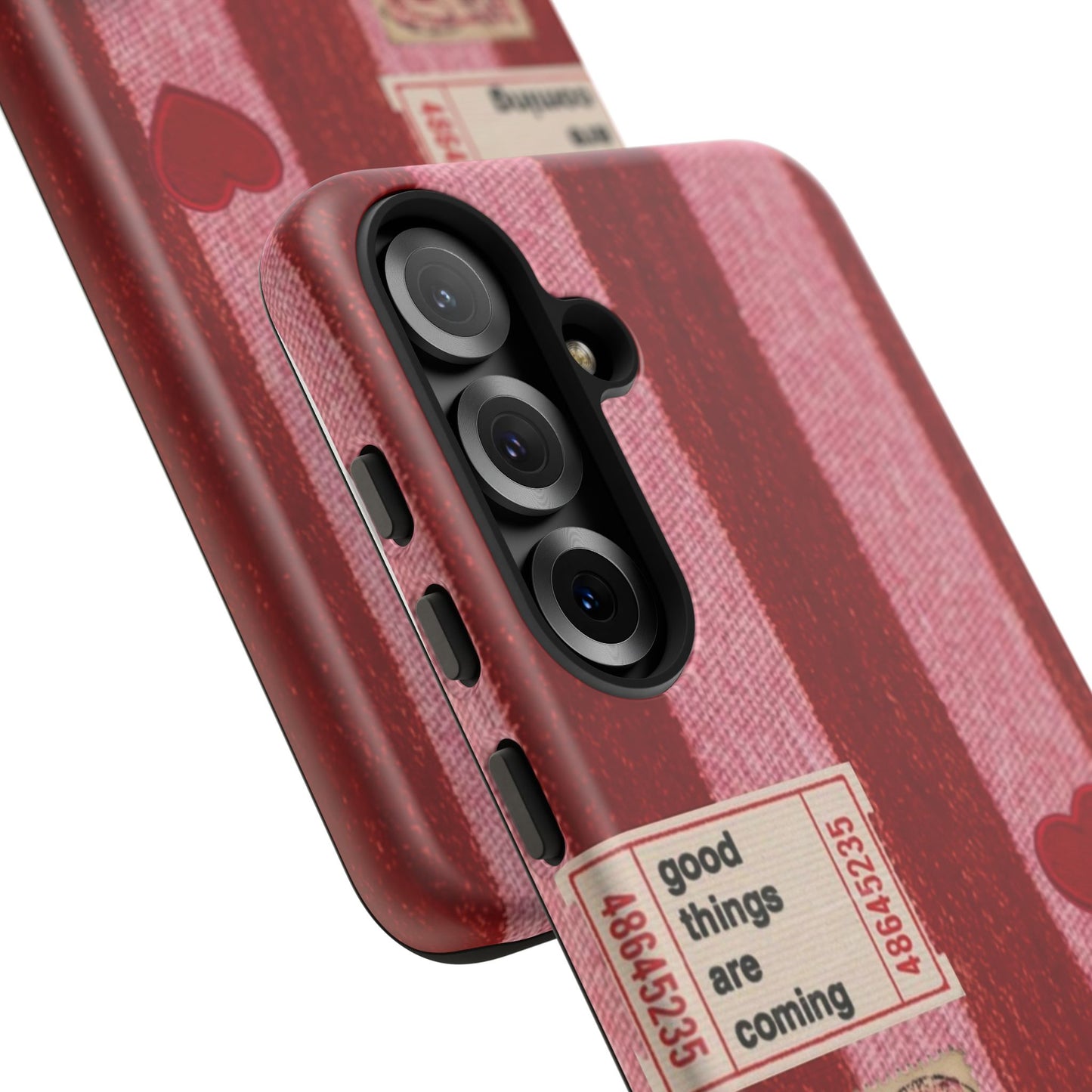Phone Case — Red Striped Heart Design with “Good Things Are Coming”