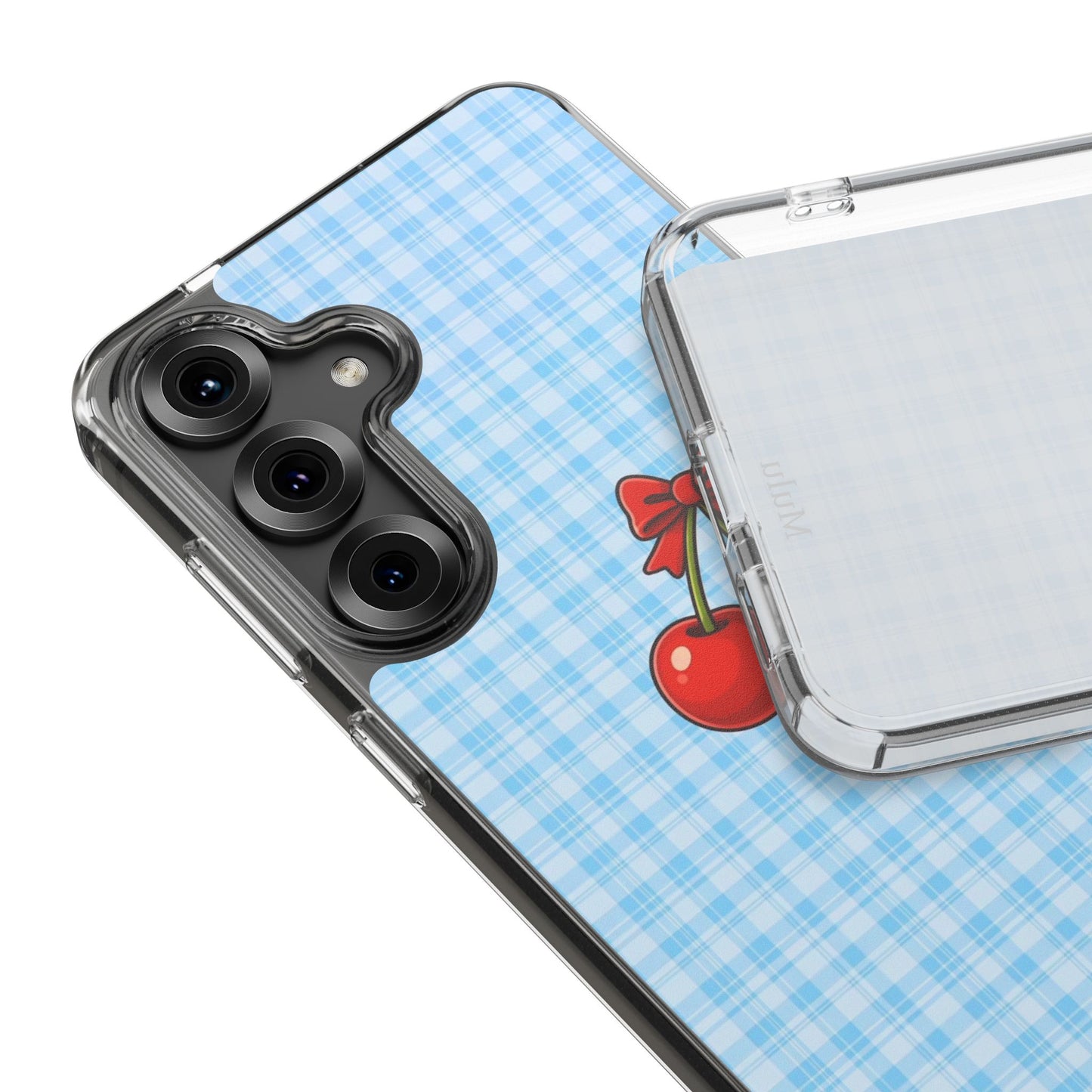 Clear Cherry Gingham Phone Case — Impact-Resistant Clear Case with Red Cherry Design