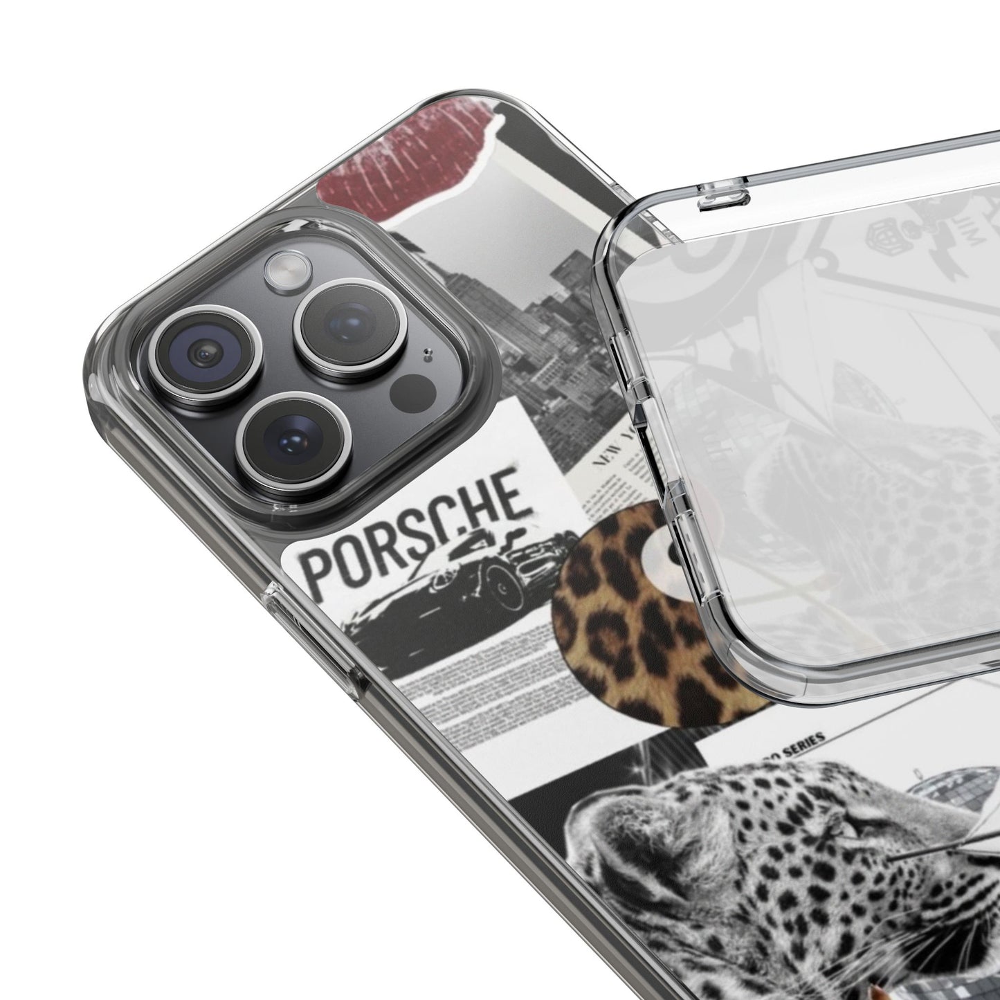 Clear Impact-Resistant Phone Case — Collage Luxury Leopard & Vintage Car Design
