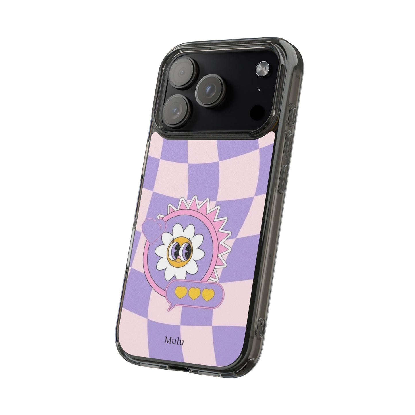 Clear Impact-Resistant Case — Cute Purple Checkerboard Dino with 'Mulu'