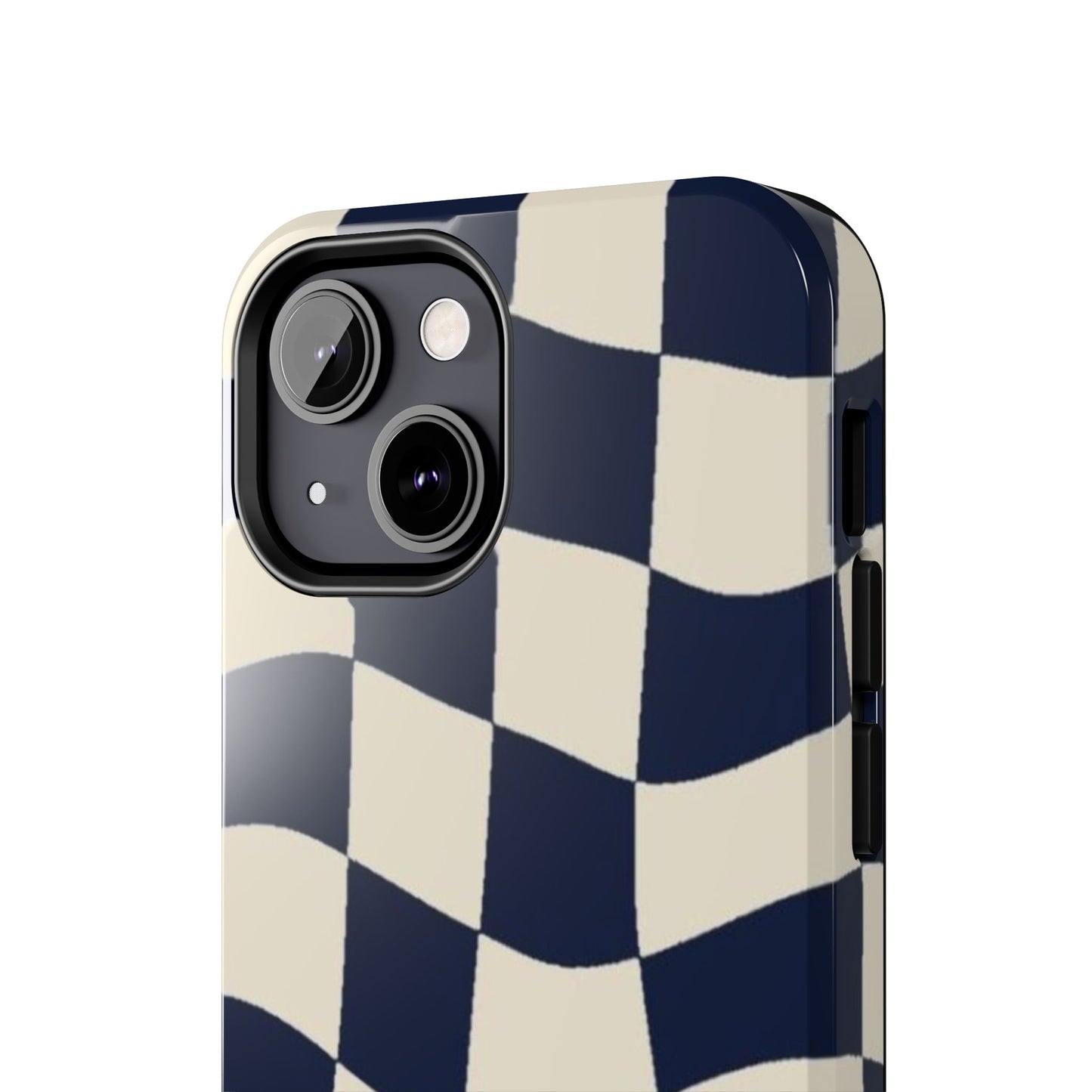 Wavy Checkerboard Tough Phone Case — Navy & Cream Protective Cover