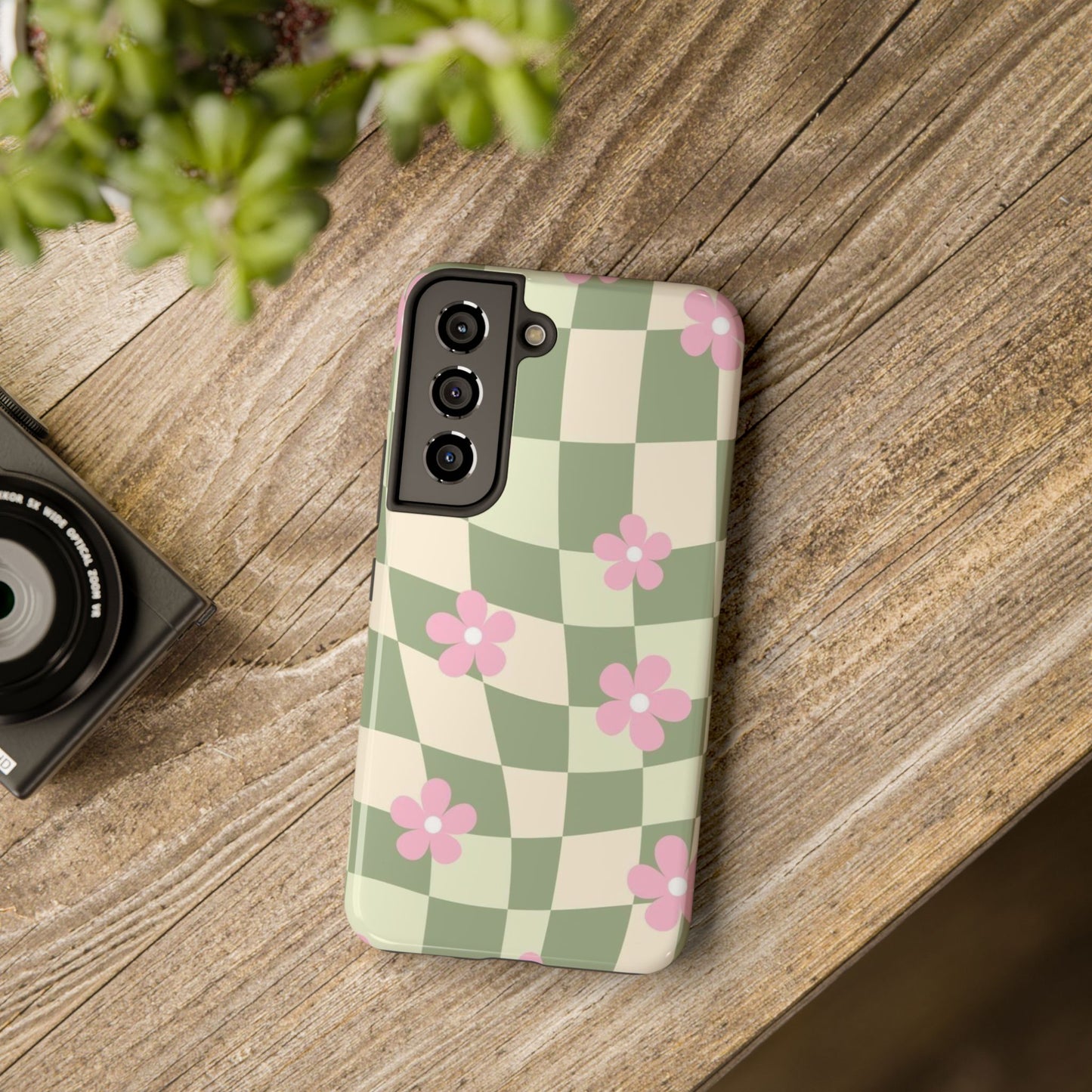 Tough Phone Case — Retro Green Checkerboard with Pink Flowers