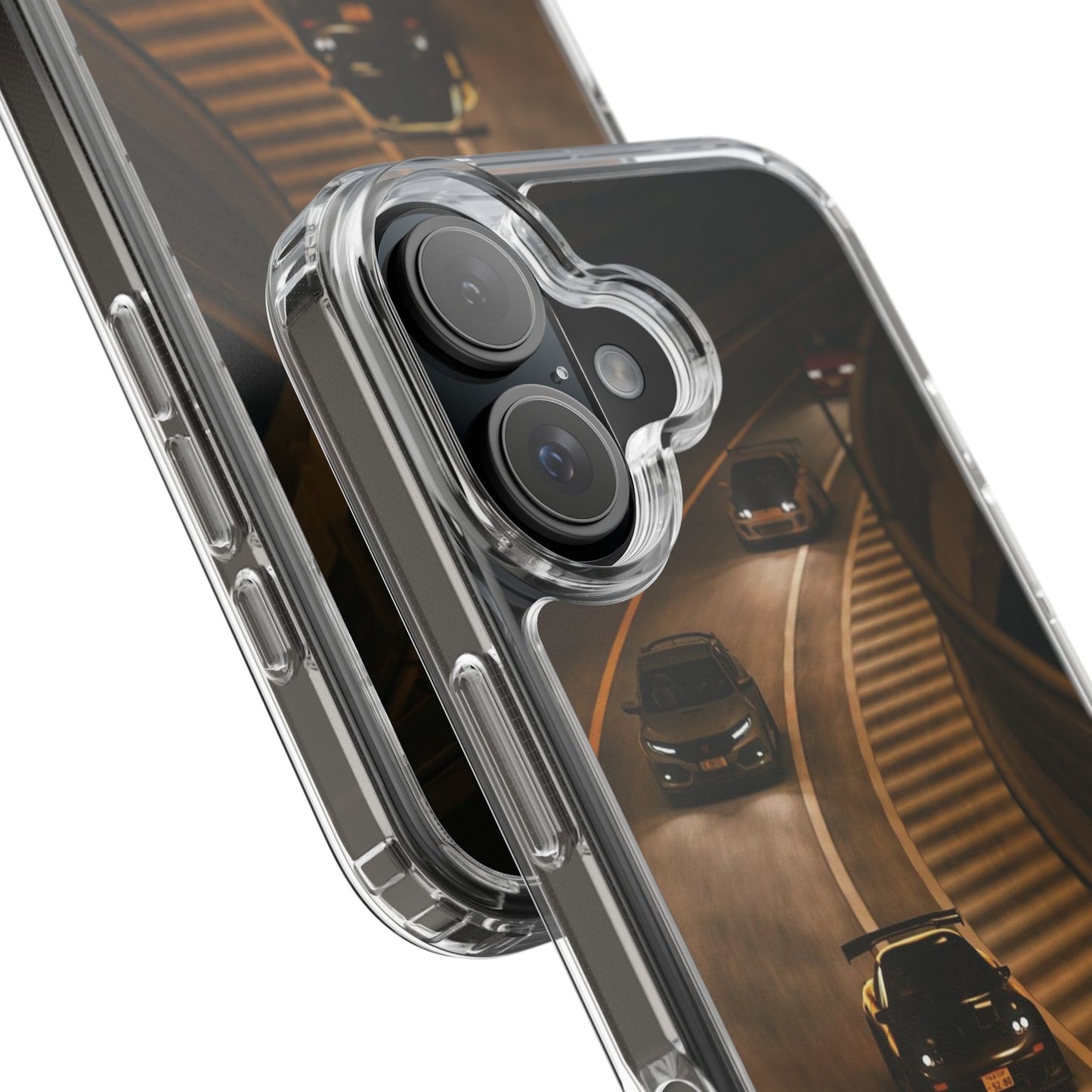 Racing Night Clear Phone Case – Sports Cars on Curved Highway