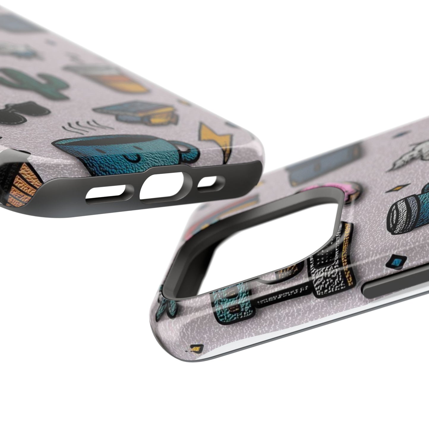 Cute Doodle Phone Case — Magnetic Impact-Resistant Design (coffee, rainbow, cactus)