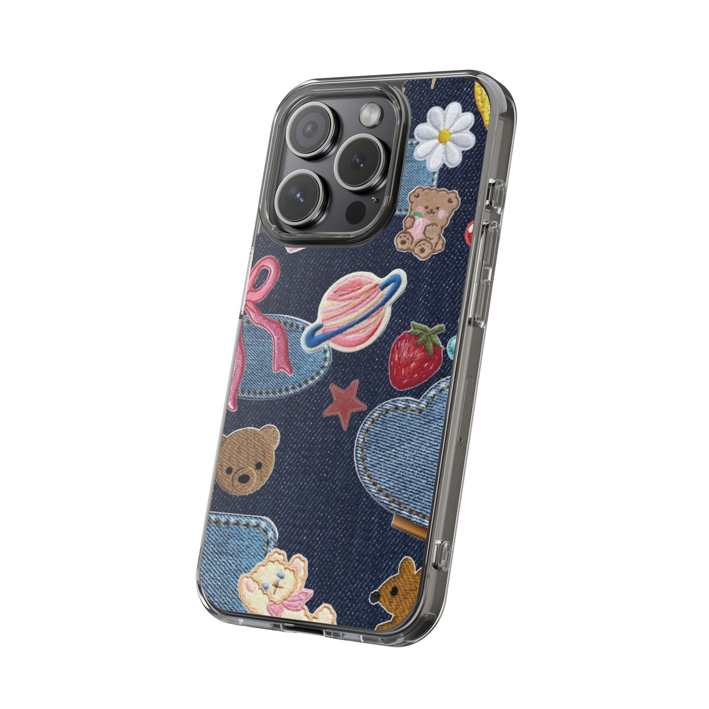 Clear Impact-Resistant Phone Case — Cute Denim Patch Collage (Teddy, Strawberry, Planet)