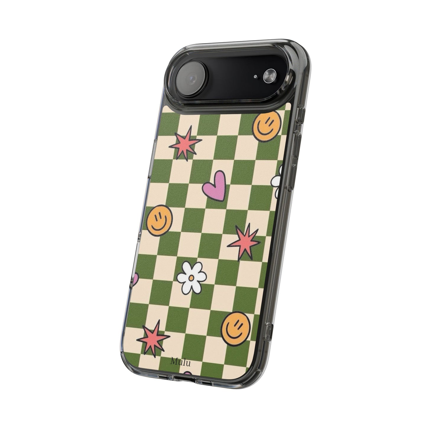 Clear Impact-Resistant Case — Retro Green Checkerboard with Smiley, Hearts & Flowers