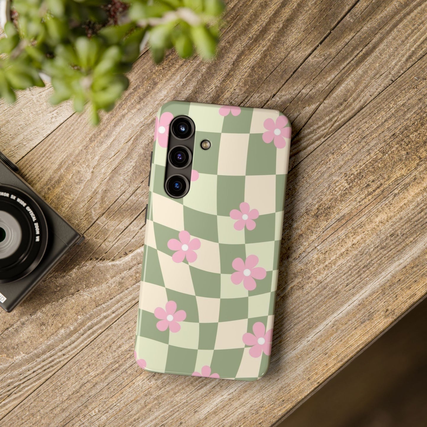 Tough Phone Case — Retro Green Checkerboard with Pink Flowers