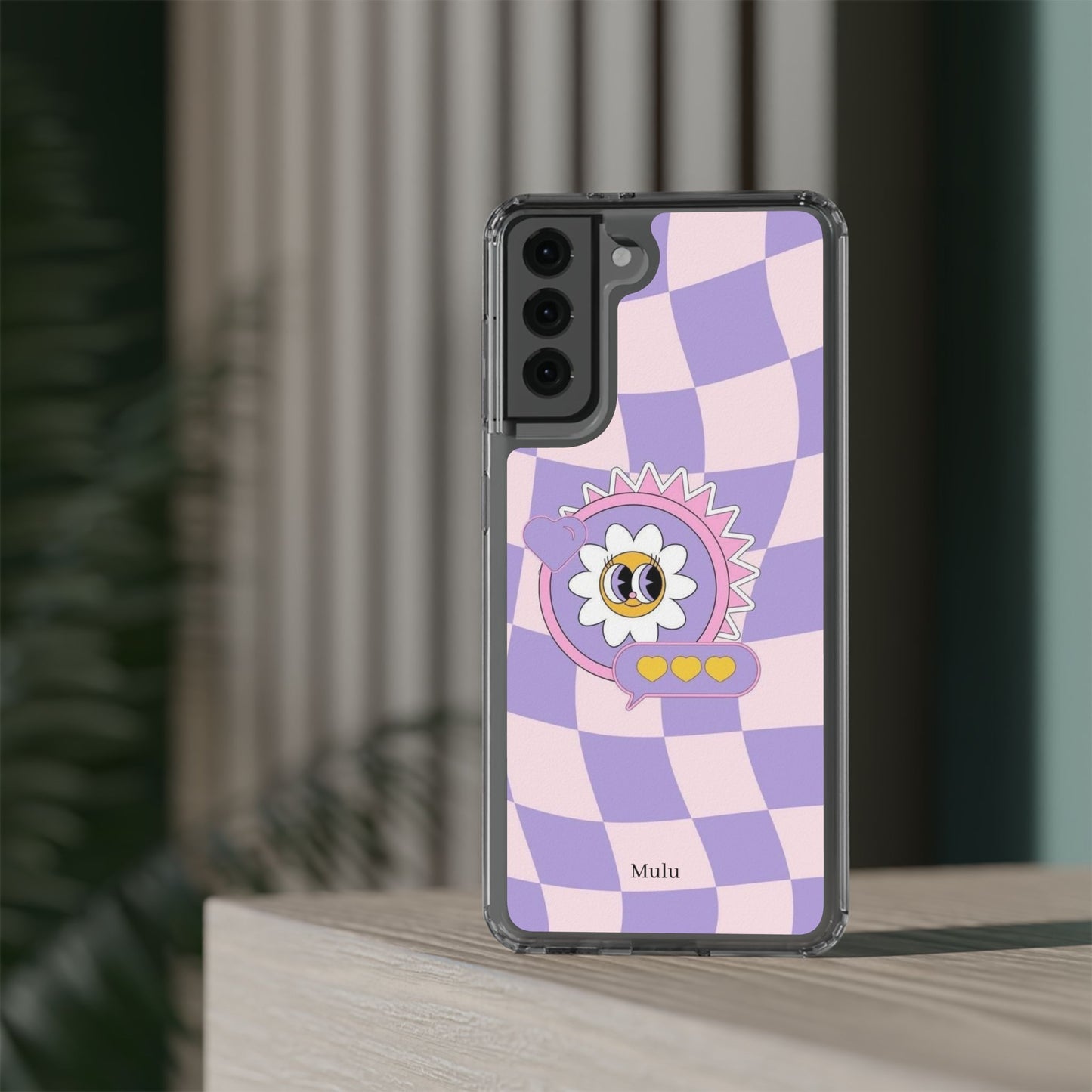 Clear Impact-Resistant Case — Cute Purple Checkerboard Dino with 'Mulu'