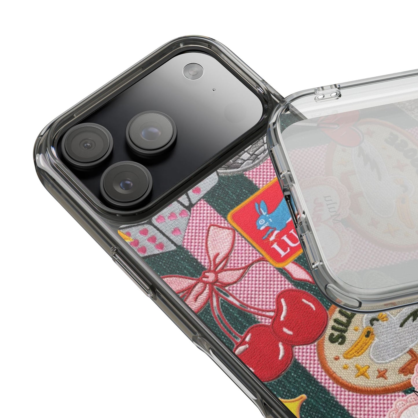 Clear Impact-Resistant Phone Case — Retro Patchwork Stickers (Lucky, Cherries, Silly Goose)